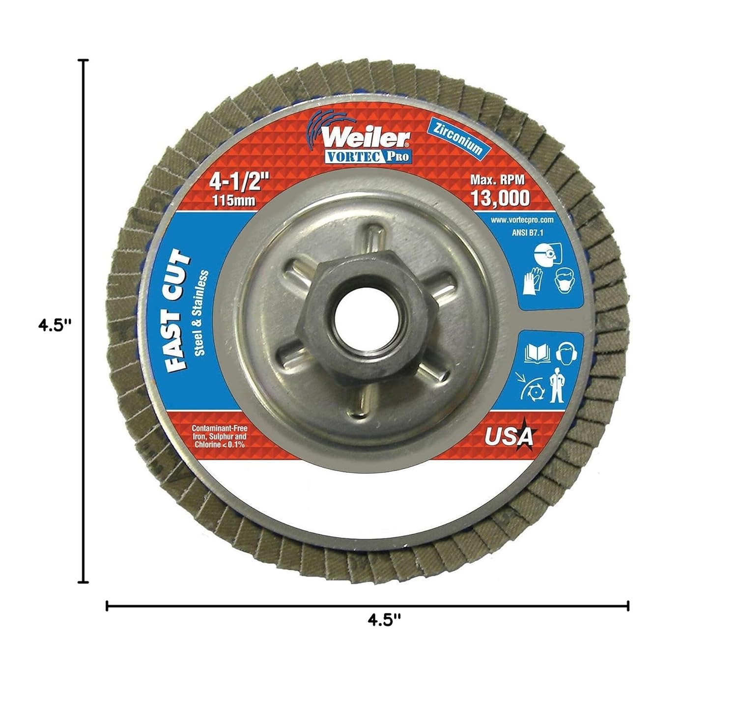 Weiler 804-31316 Vortec Pro Type 29 Flap Disc, Zirconia Alumina, 4.5in, 80 Grit, 5/8-11 UNC, 13000 RPM