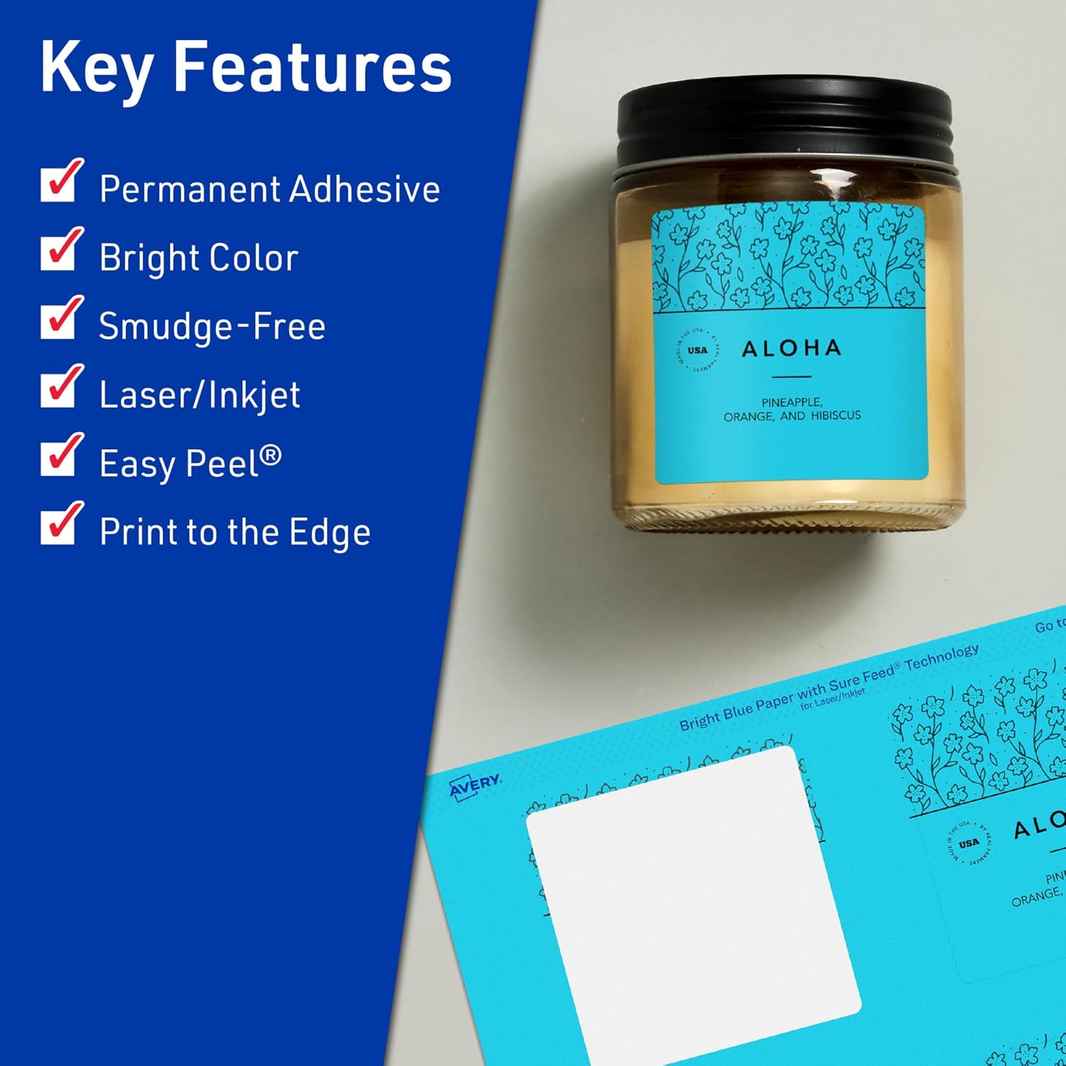 Avery Printable Square Labels, Sure Feed Technology, 3" x 3", Bright Blue Labels, Print-to-The-Edge, Laser/Inkjet Printable