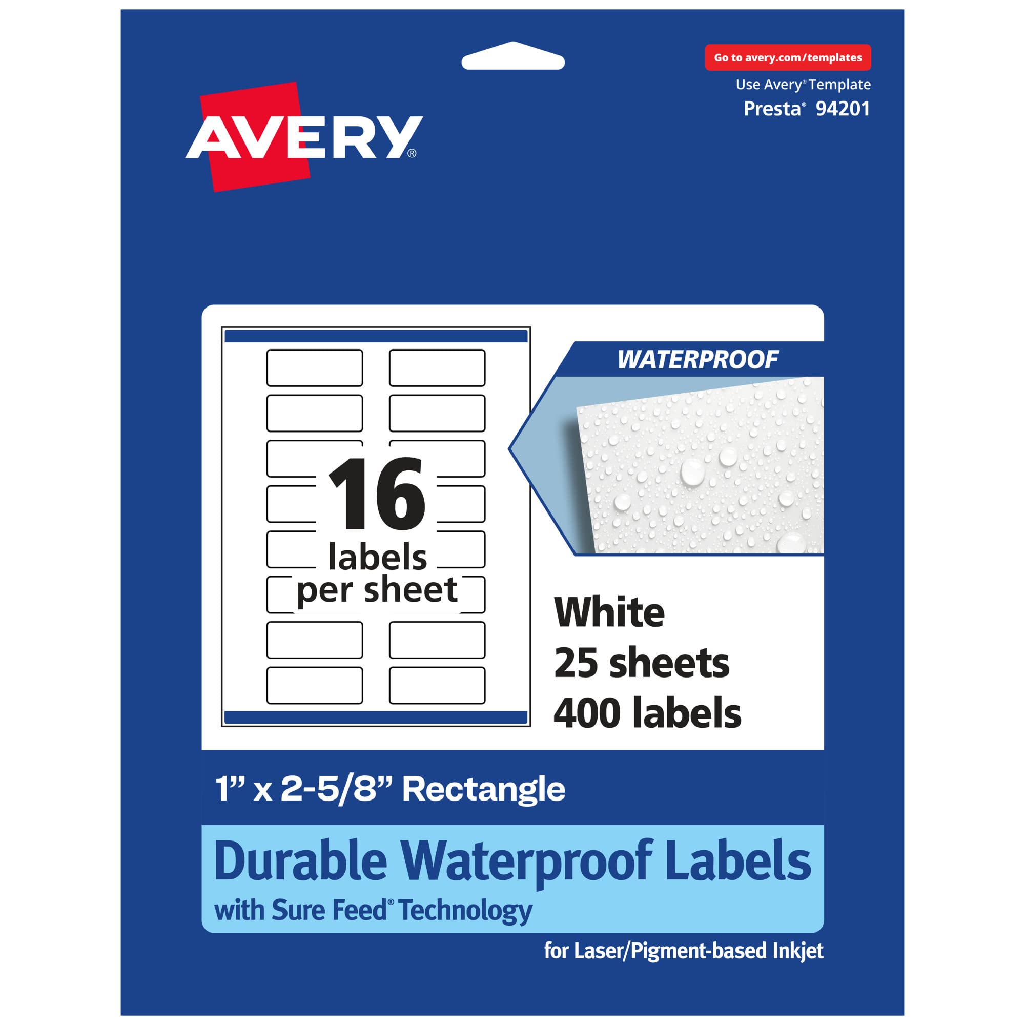 Avery Durable Waterproof Rectangle Labels, Sure Feed Technology, 1" x 2-5/8", Print-to-The-Edge