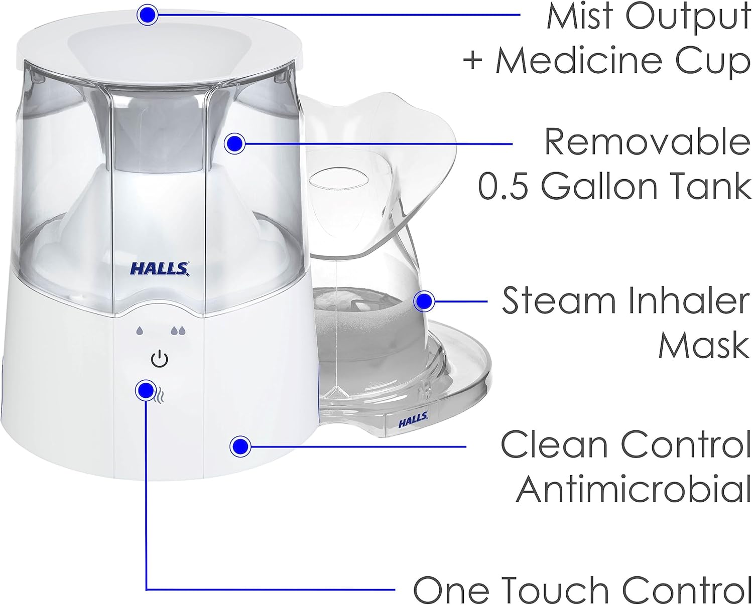Crane x HALLS 2-in-1 Warm Mist Humidifier and Steam Inhaler, 0.5 Gallon, Blue & White