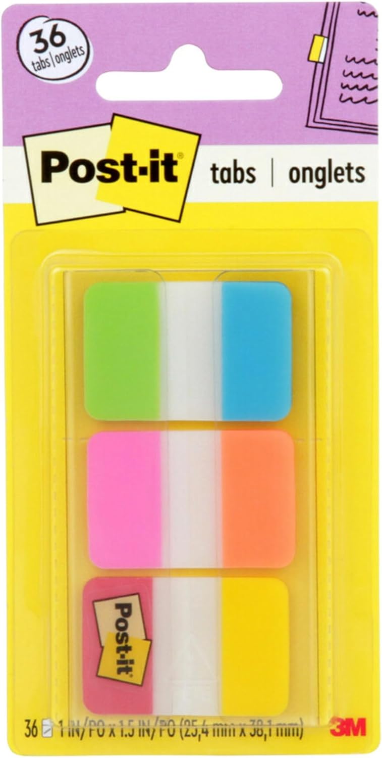 Post-it Tabs, 1 in Solid, Aqua, Yellow, Pink, Red, Green, Orange, 6/Color, 36/Dispenser (686-ALOPRYT) 0.4" x 2.8"