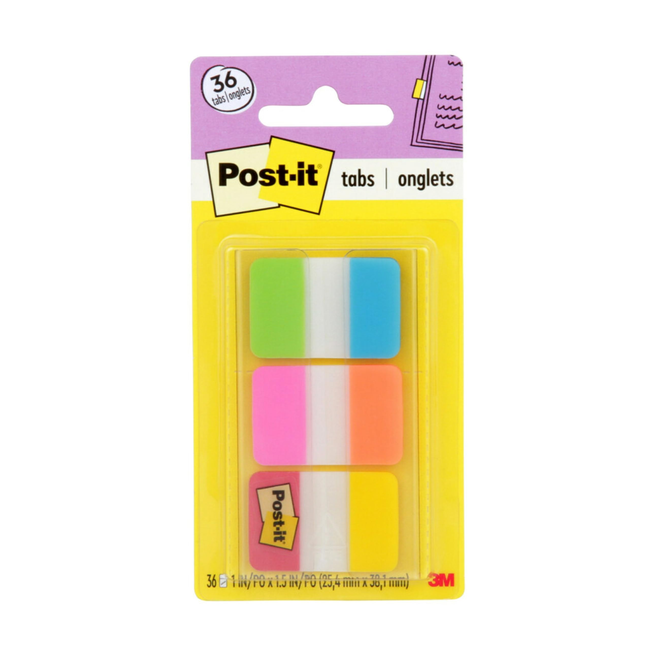 Post-it Tabs, 1 in Solid, Aqua, Yellow, Pink, Red, Green, Orange, 6/Color, 36/Dispenser (686-ALOPRYT) 0.4" x 2.8"