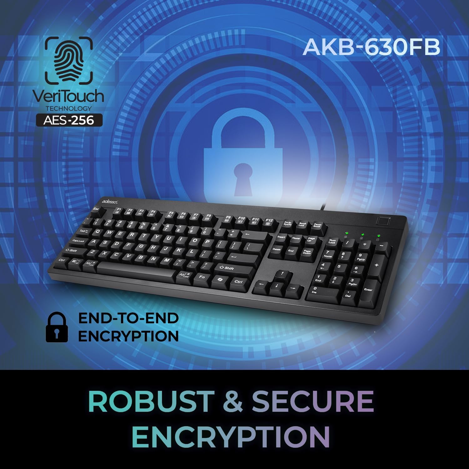 Adesso TAA Compliant Fingerprint Keyboard with AES 256 Encryption USB Wired Full Size 104 Key Layout Windows Hello