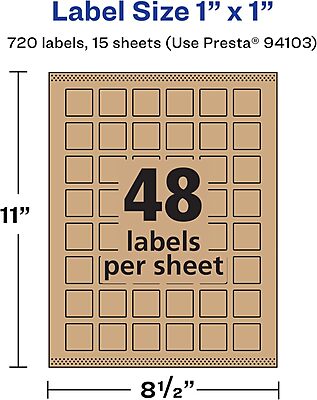 Avery Kraft Brown Square Labels, Sure Feed Technology, 1" x 1"