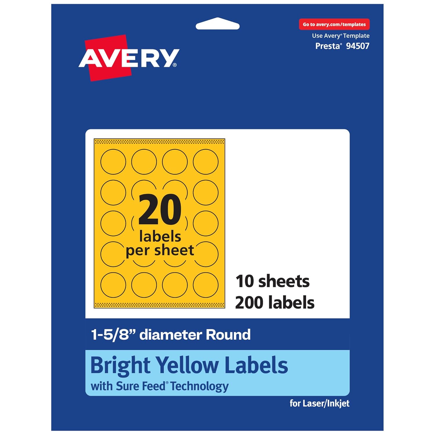 Avery Printable Round Labels, Sure Feed Technology, 1-5/8" Diameter, Bright Yellow, Print-to-The-Edge, Laser/Inkjet Printable