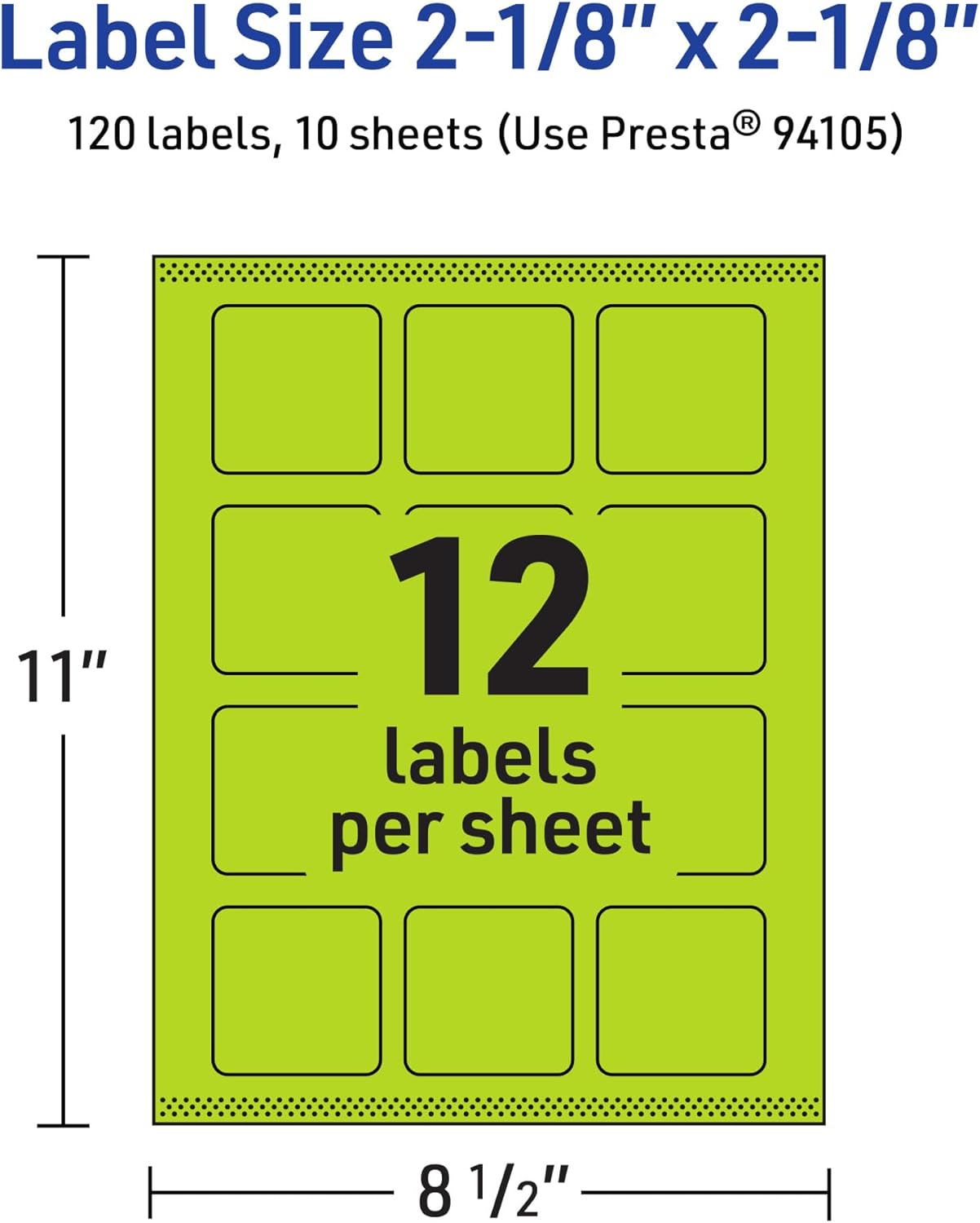 Avery Printable Square Labels, Sure Feed Technology, 2-1/8" x 2-1/8", Bright Green Labels, Print-to-The-Edge, Laser/Inkjet Printable, 120 Total, Great for Jars and Packaging 120 labels