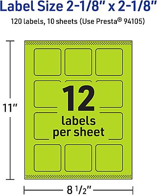 Avery Printable Square Labels, Sure Feed Technology, 2-1/8" x 2-1/8", Bright Green Labels, Print-to-The-Edge, Laser/Inkjet Printable, 120 Total, Great for Jars and Packaging 120 labels