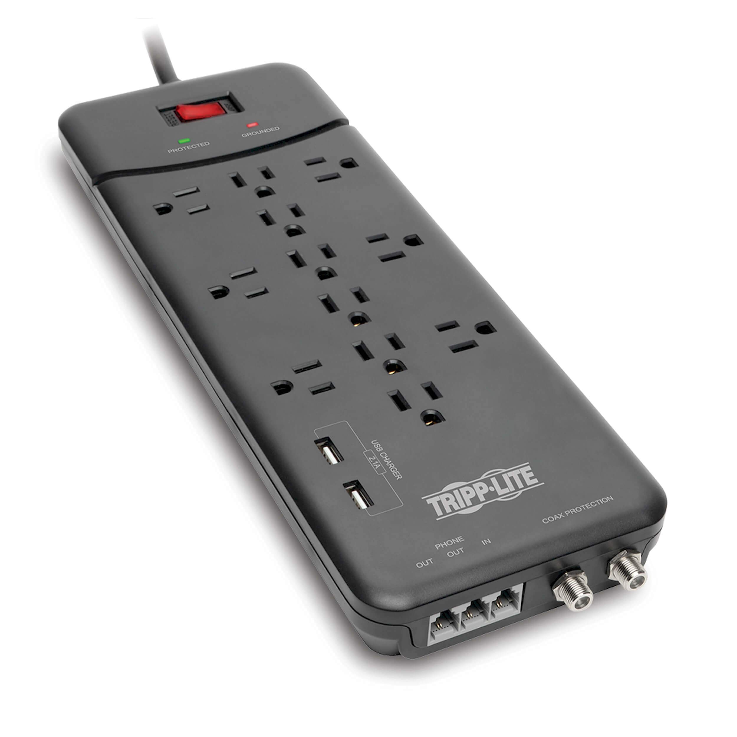 TRIPP LITE 12-Outlet Surge Protector Power Strip with Tel/Modem Protection, 8 ft Right-Angle Cord