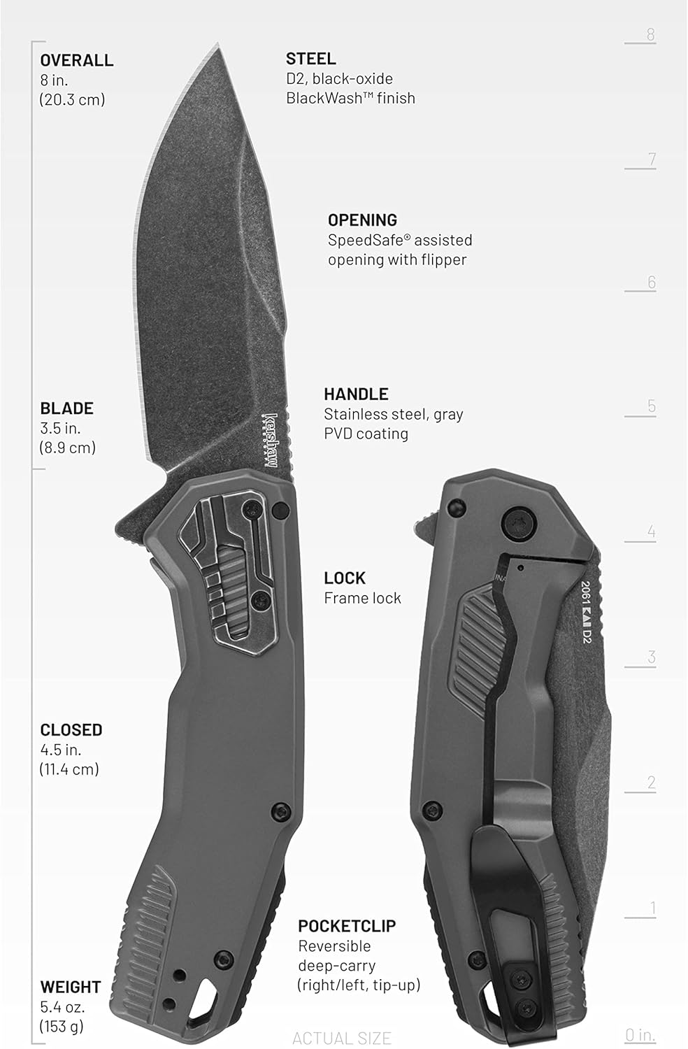 Kershaw Cannonball Pocket Knife, 3.5" D2 Carbon Steel Drop Point Blade, assisted opening with Flipper, Frame Lock, EDC