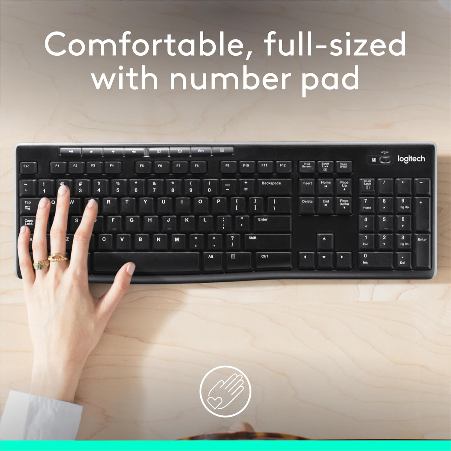 Logitech K270 Wireless Keyboard for Windows, 2.4 GHz Wireless, Full-Size, Number Pad, 8 Multimedia Keys, 2-Year Battery Life