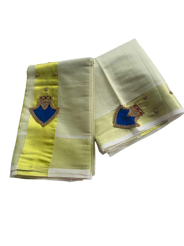 Kuthampully Kerala Kasavu Set Mundu For Women | Handcrafted Aari work Kerala Set Mundu | Tissue Onam Set Mundu With Blouse | Women's Zari Kasavu | EKM-600 (Blue)