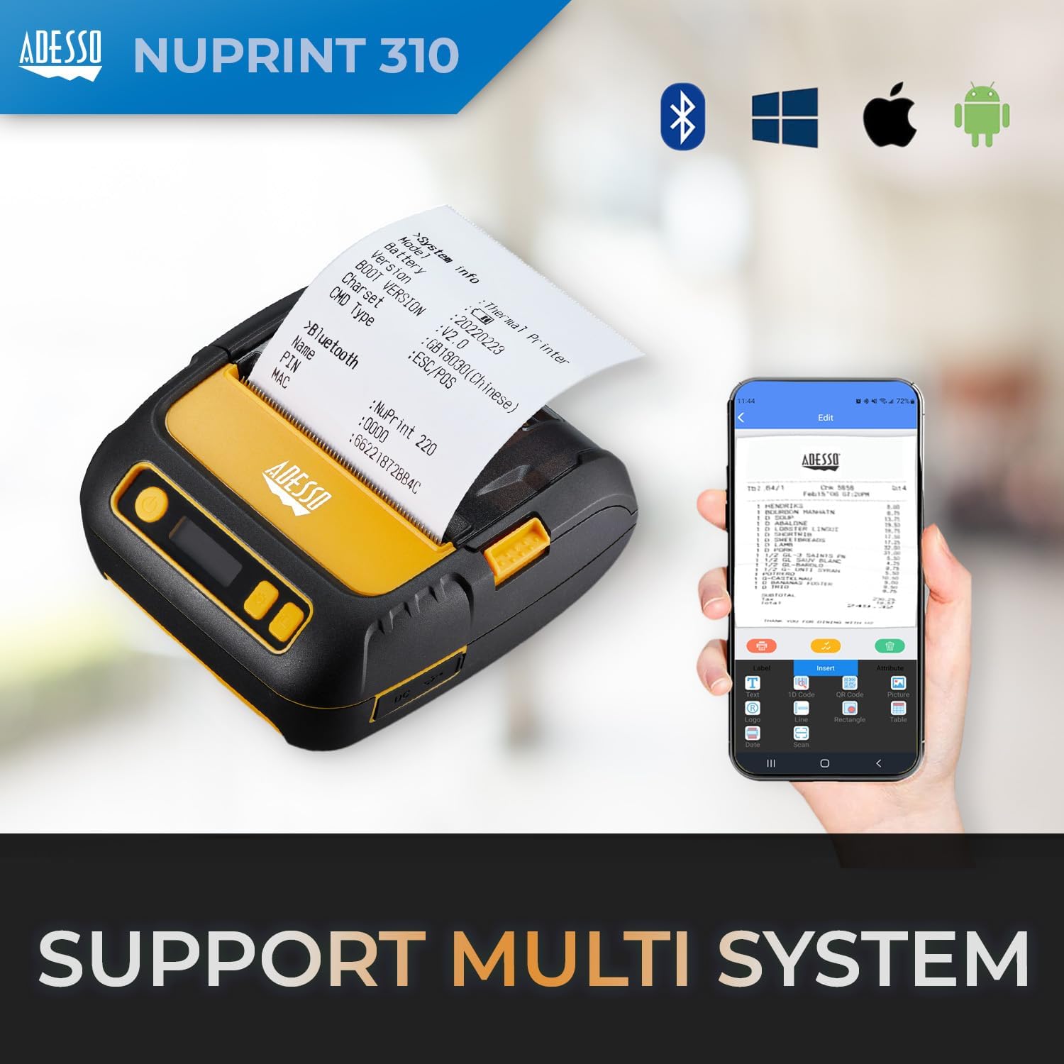 3" 80mm Portable Bluetooth Thermal Printer - High-Speed 90mm/s, Compatible with Android, iOS, Windows - Anti-Drop