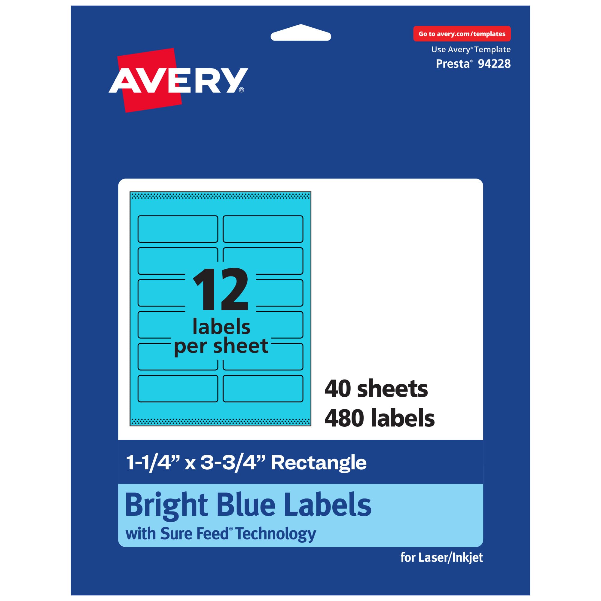 AVERY Printable Rectangle Labels, Sure Feed Technology, 1-1/4" x 3-3/4", Bright Blue, Print-to-The-Edge