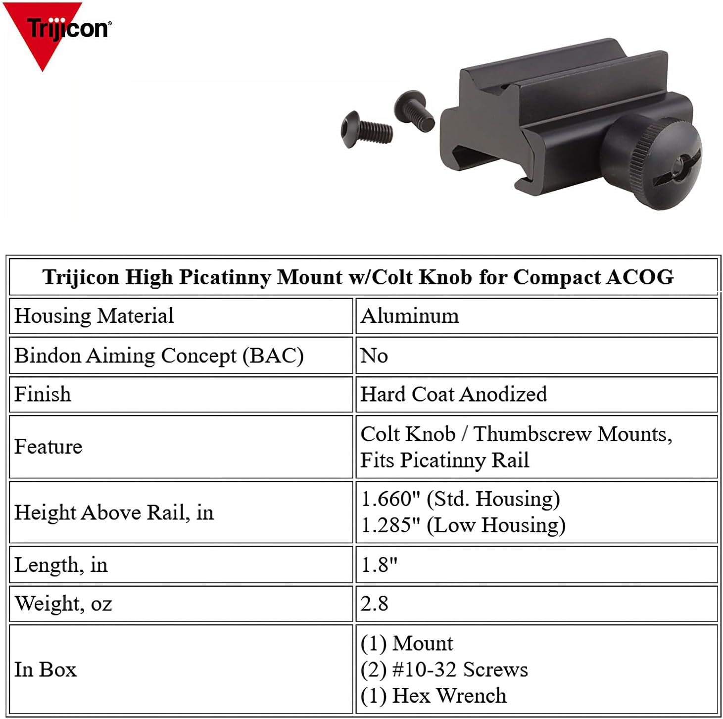 High Picatinny Mount w/Colt Knob for Compact ACOG