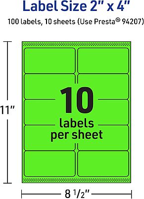 Avery Printable Rectangle Labels, Sure Feed Technology, 2" x 4", Neon Green, Laser/Inkjet Printable