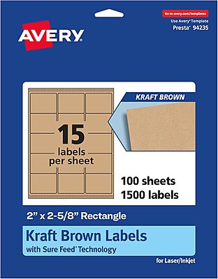 Avery Kraft Brown Rectangle Labels, Sure Feed Technology, 2 x 2-5/8, Laser/Inkjet Printable