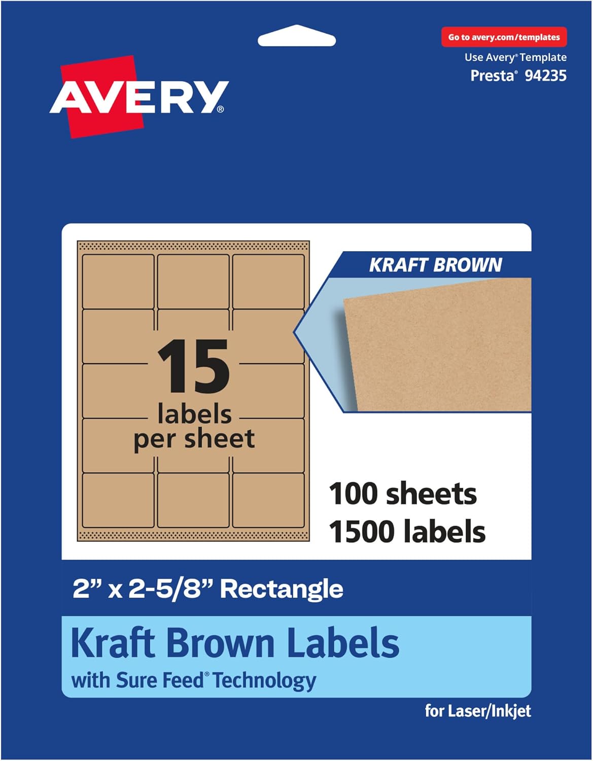 Avery Kraft Brown Rectangle Labels, Sure Feed Technology, 2 x 2-5/8, Laser/Inkjet Printable