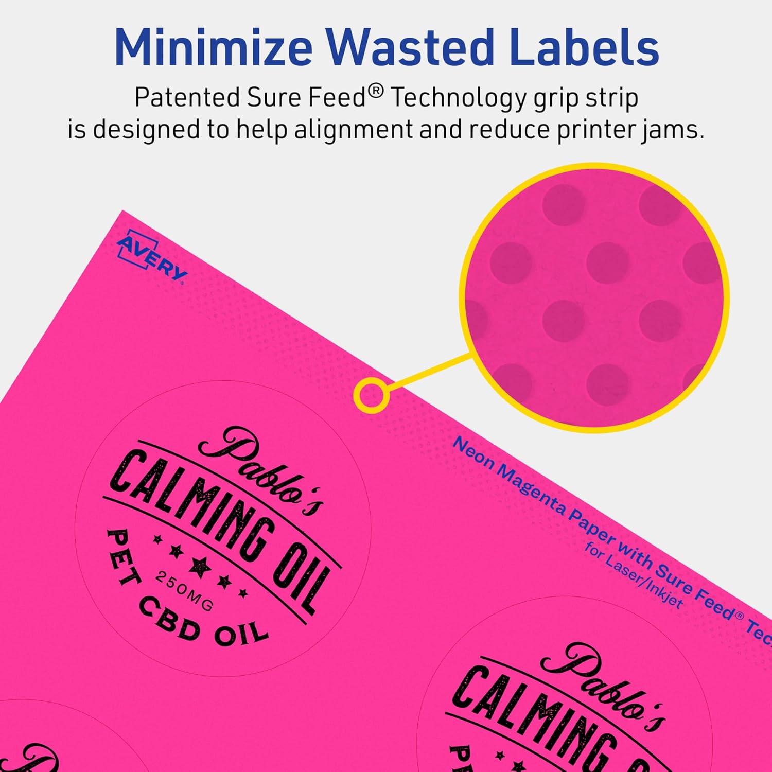 Avery Printable Round Labels, Sure Feed Technology, 2.75" Diameter, Neon Magenta Labels, Print-to-The-Edge