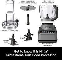 Ninja Food Processor, Professional Plus, 1000 Peak Watts, 4 Functions for Chopping, Slicing, Purees & Dough with 9-Cup Processor Bowl, 3 Blades, Food Chute & Pusher, Silver, BN601 9-Cup Food Processor