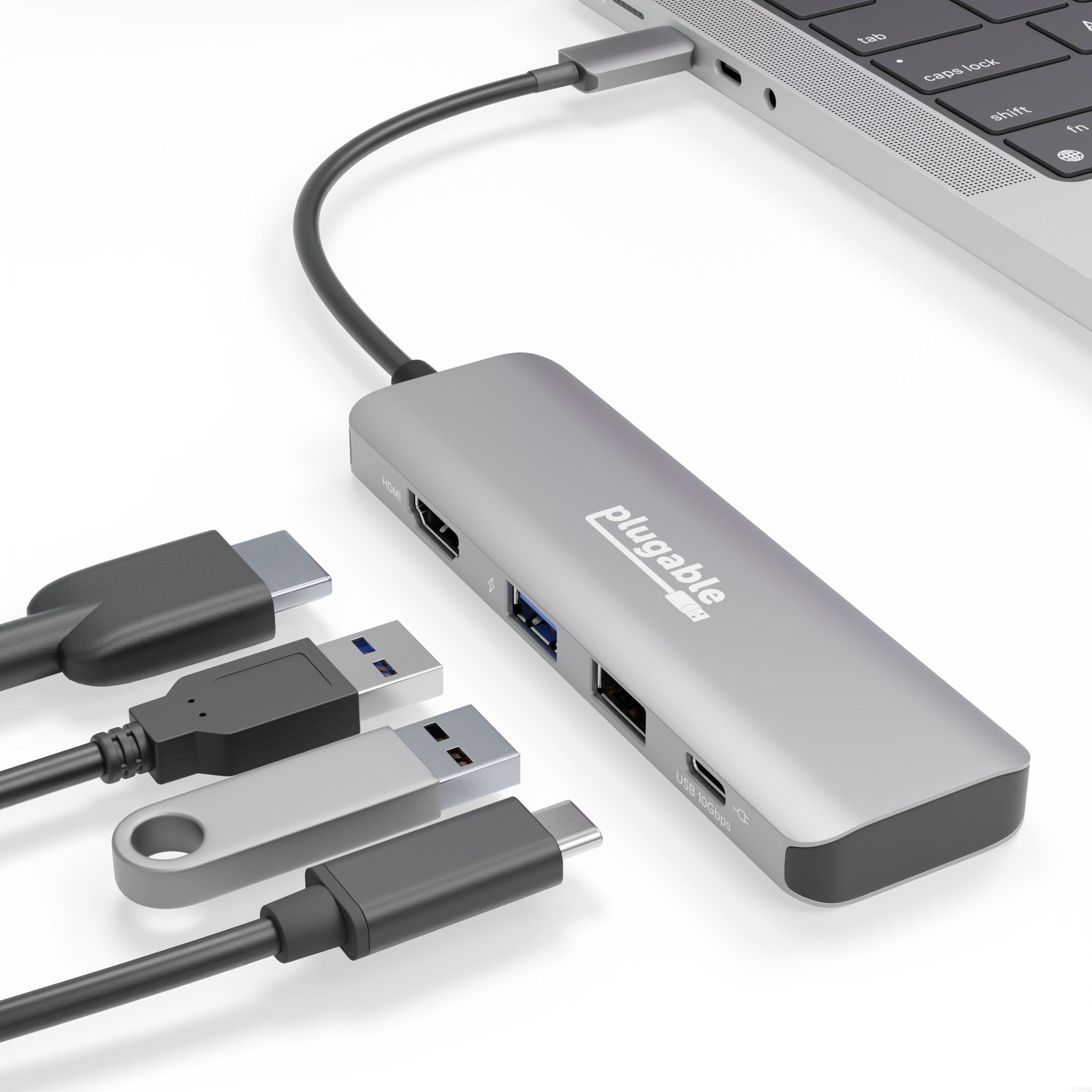 Plugable USB C Hub Multiport Adapter, 4 in 1, 100W Pass Through Charging, USB C to HDMI 4K 60Hz