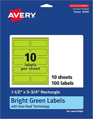 AVERY Printable Rectangle Labels, Sure Feed Technology, 1-1/2" x 3-3/4", Bright Green, Print-to-The-Edge