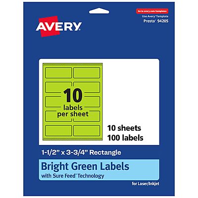 AVERY Printable Rectangle Labels, Sure Feed Technology, 1-1/2" x 3-3/4", Bright Green, Print-to-The-Edge