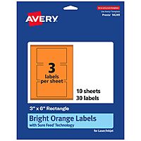 Avery Printable Rectangle Labels, Sure Feed Technology, 3" x 6", Bright Orange Labels, Print-to-The-Edge, Laser/Inkjet Printable, 30 Total, Great for Shipping and Product Merchandising 30 labels