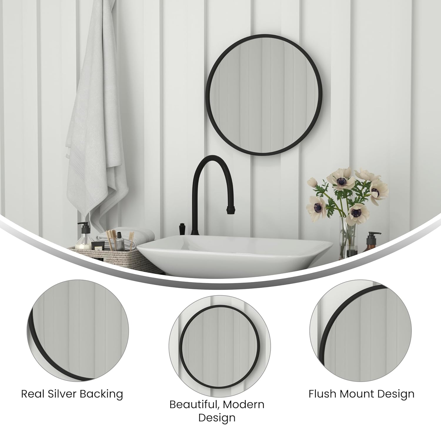 Flash Furniture Julianne Large Round Wall Mirror - Black Circle Accent Mirror