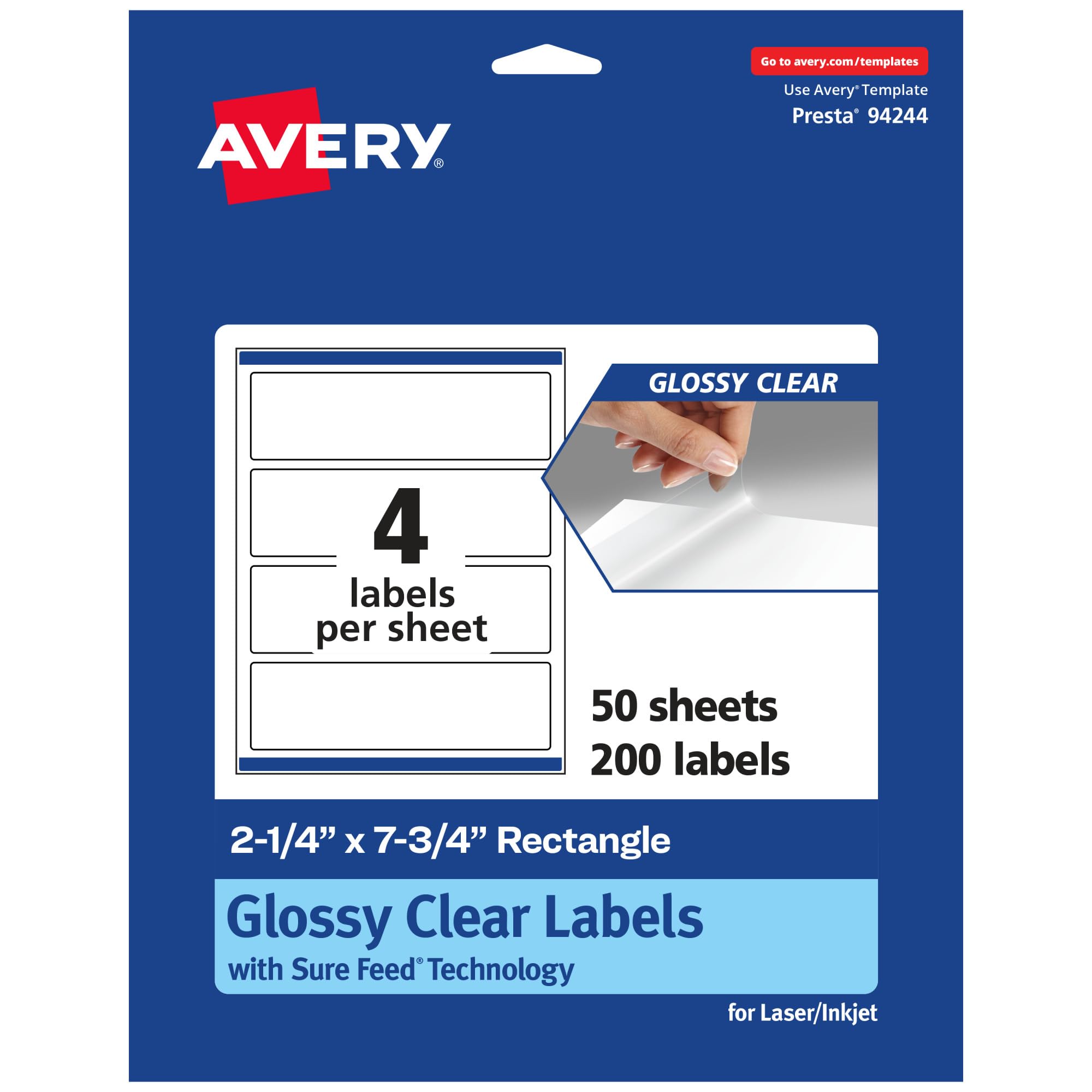 AVERY Glossy Clear Rectangle Labels, Sure Feed Technology, 2.25" x 7.75"