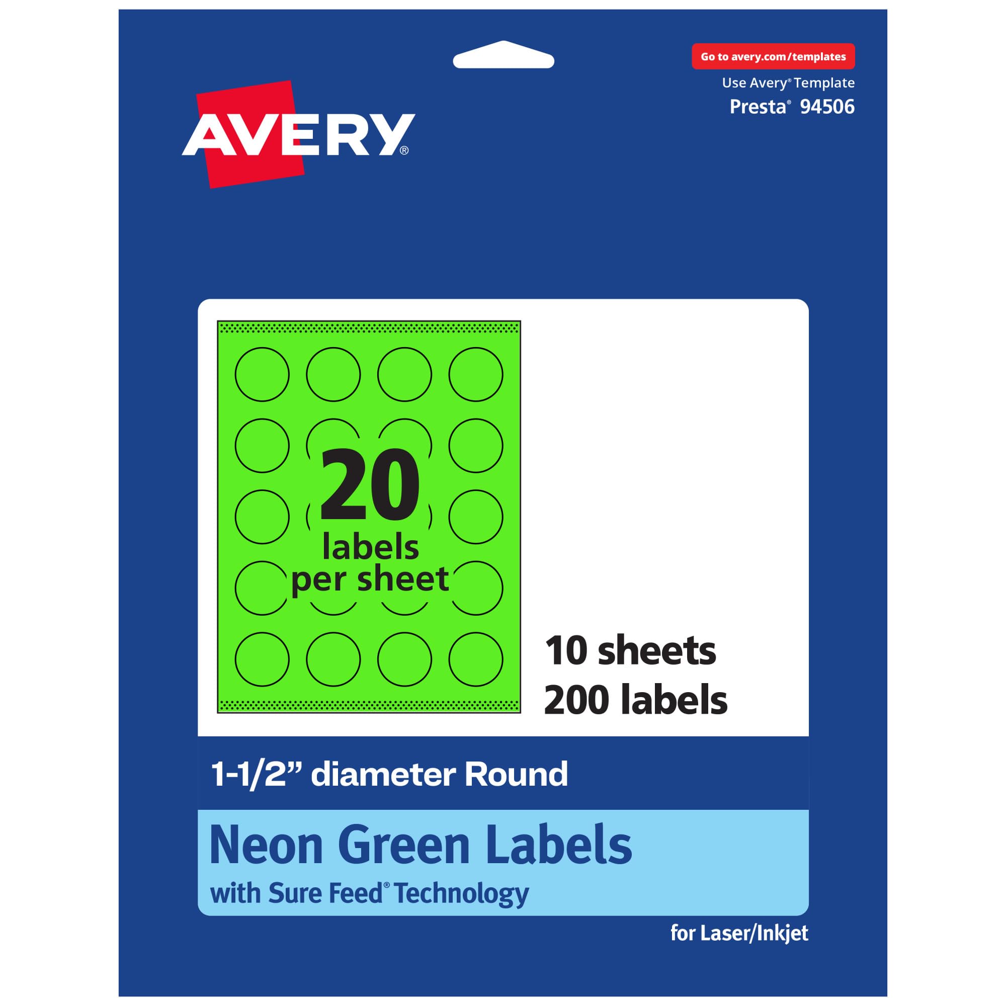 Avery Printable Round Labels, Sure Feed Technology, 1-1/2 in. Diameter, Neon Green, Print-to-The-Edge, Laser/Inkjet Printable
