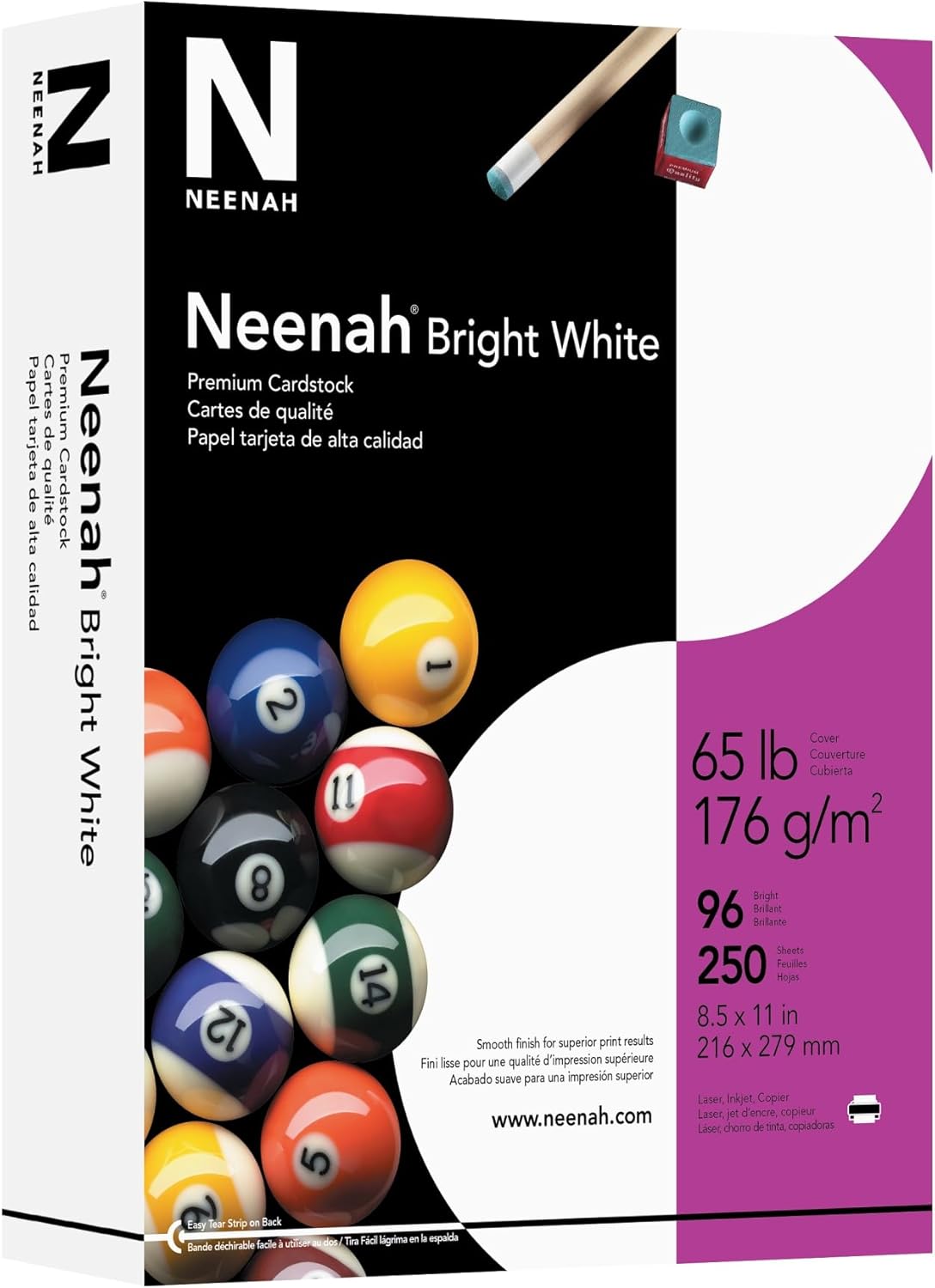 Neenah Bright White Premium Cardstock, 8.5 x 11 in, 65 lb, 250 Pack (91904)