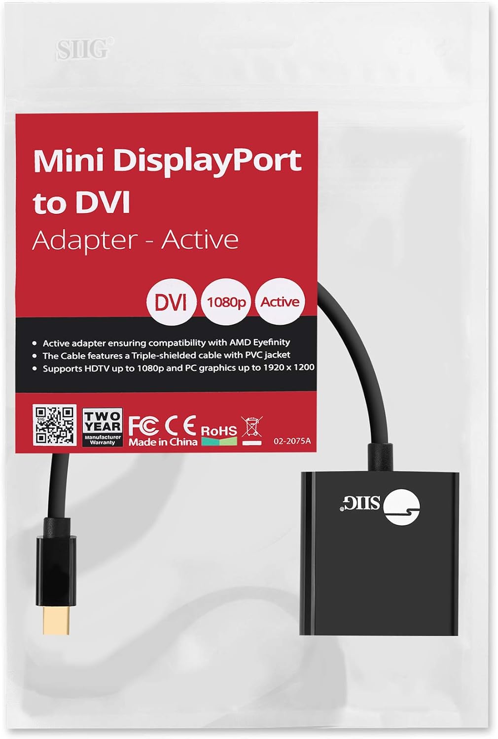 SIIG Mini DisplayPort to DVI Active Adapter - 4K @30Hz Mini DP to DVI-D Single Link Thunderbolt 2 Eyefinity Compatible
