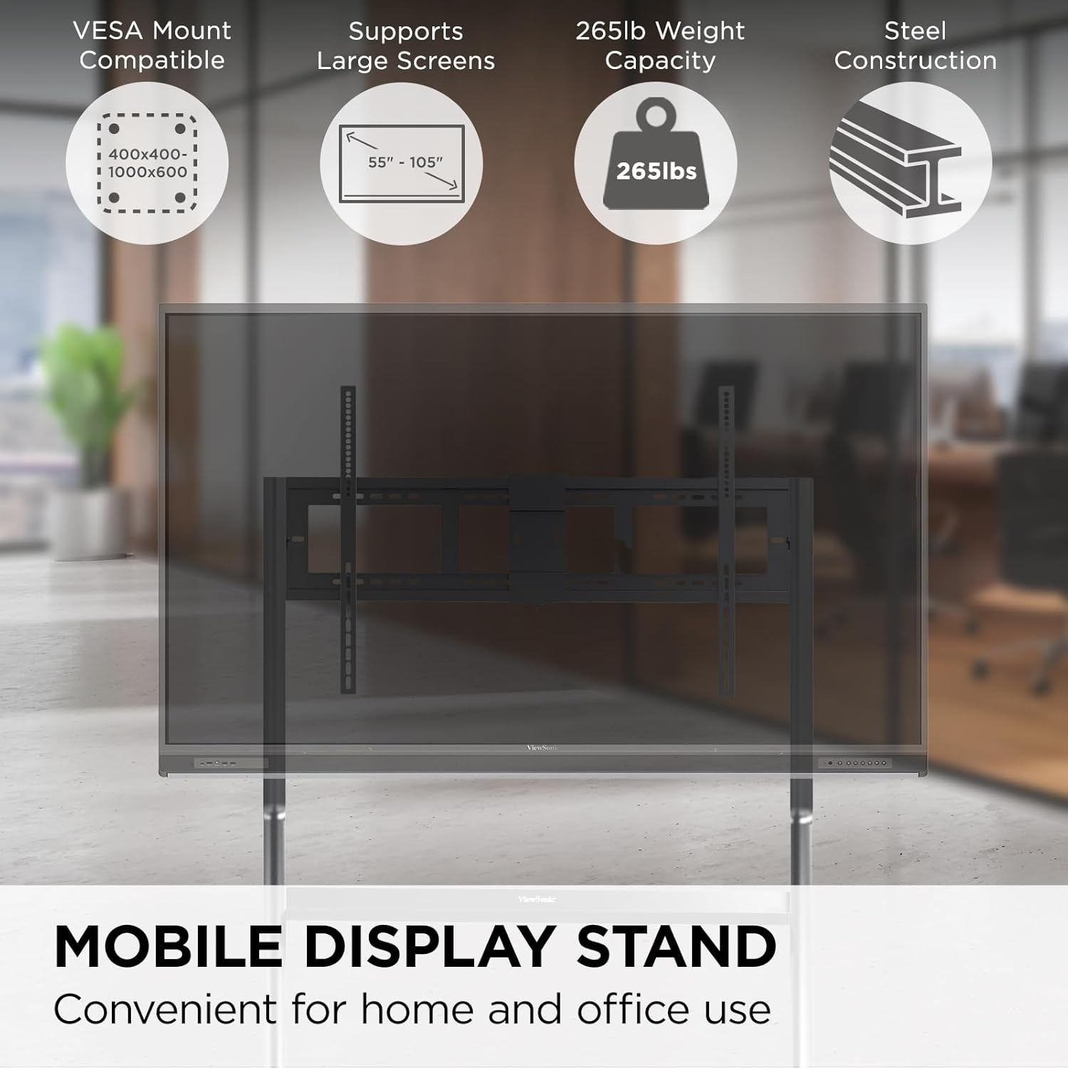 ViewSonic VB-STND-009 Slim Mobile TV Cart for 55 to 86 inch Screens up to 265 lbs