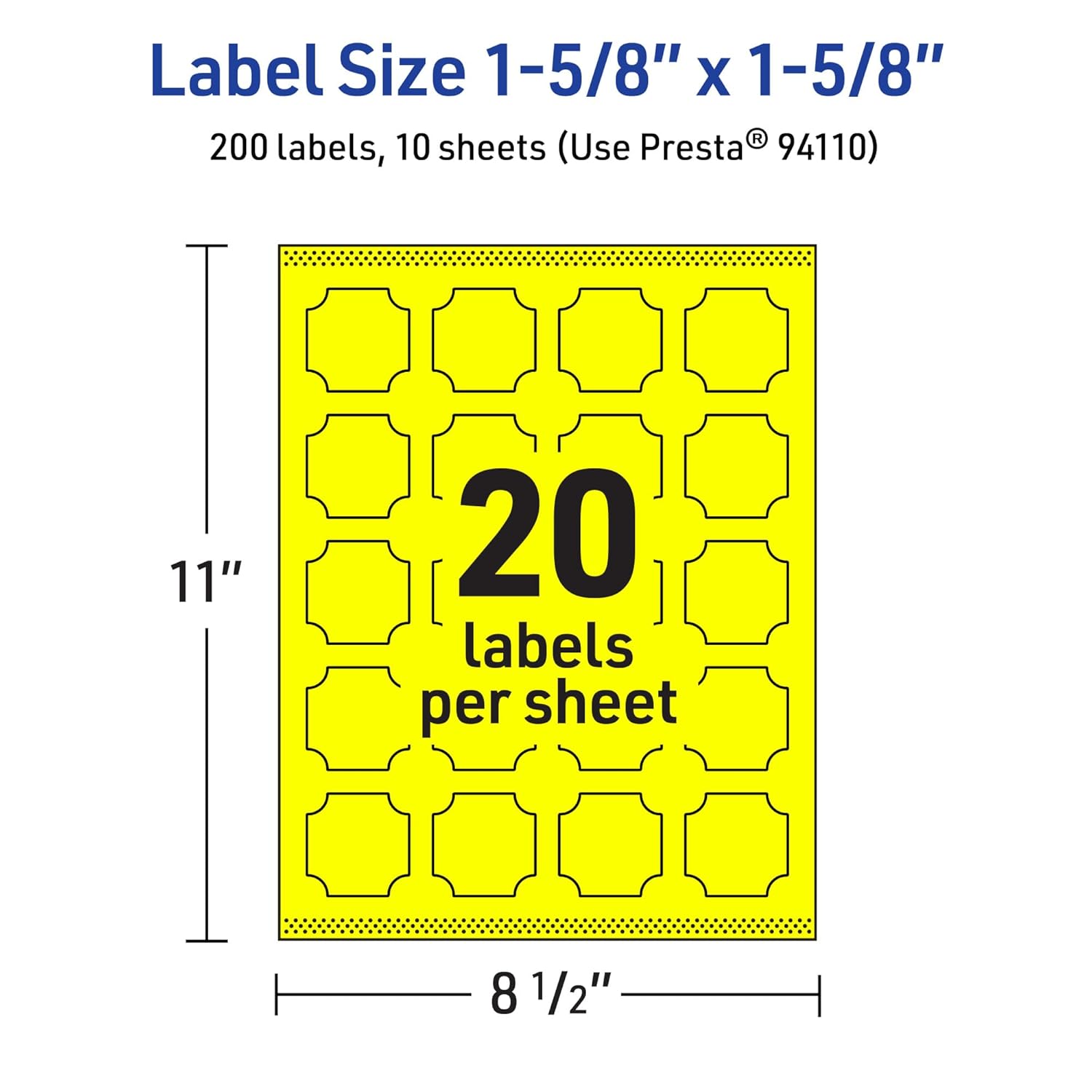Avery Printable Square Scalloped Labels, Sure Feed Technology, 1-5/8" x 1-5/8", Neon Yellow, Print-to-the-Edge