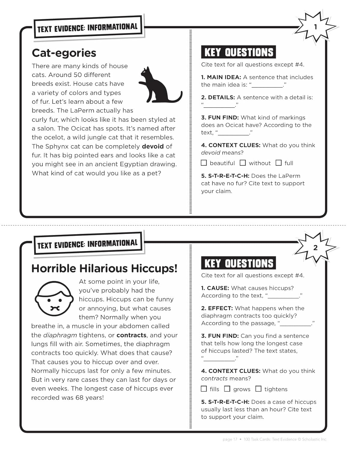 100 Task Cards: Text Evidence: Reproducible Mini-Passages With Key Questions to Boost Reading Comprehension Skills