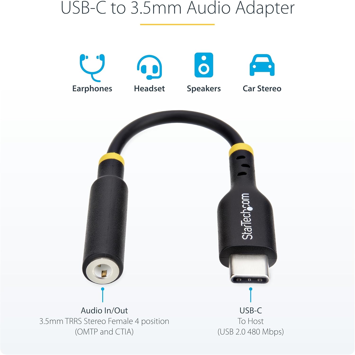 StarTech.com 5in (12.7cm) USB-C to 3.5mm TRRS Headphone/Headset Jack Audio Adapter, 32-bit DAC, USB C Aux Dongle for PC/Phone