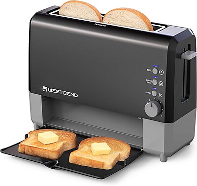 West Bend QuikServe Toaster, 2-Slice Wide-Slot Slide-Through Bread Toaster with Bagel and Gluten-Free Settings