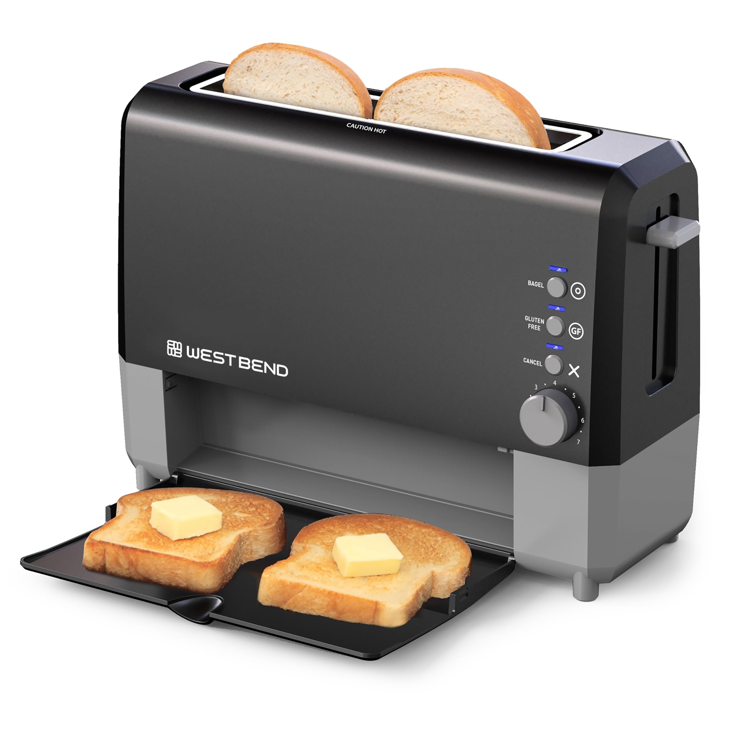West Bend QuikServe Toaster, 2-Slice Wide-Slot Slide-Through Bread Toaster with Bagel and Gluten-Free Settings