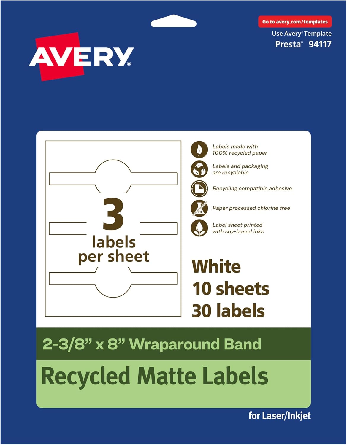 Avery EcoFriendly Recycled Wraparound Band Labels, 2-3/8" x 8", Cigar Band Labels, Matte White, Permanent Adhesive