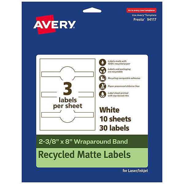 Avery EcoFriendly Recycled Wraparound Band Labels, 2-3/8" x 8", Cigar Band Labels, Matte White, Permanent Adhesive, Laser/Inkjet Printable, 30 Total 30 labels