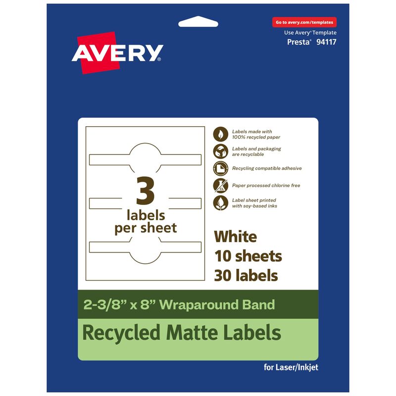 Avery EcoFriendly Recycled Wraparound Band Labels, 2-3/8" x 8", Cigar Band Labels, Matte White, Permanent Adhesive, Laser/Inkjet Printable, 30 Total 30 labels