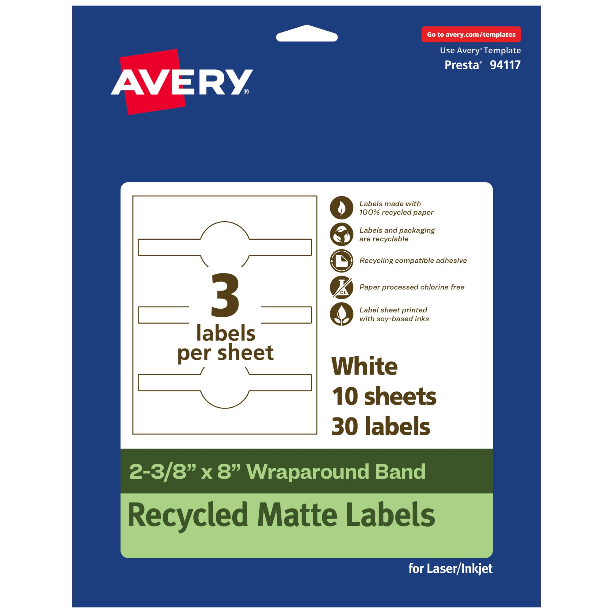 Avery EcoFriendly Recycled Wraparound Band Labels, 2-3/8" x 8", Cigar Band Labels, Matte White, Permanent Adhesive