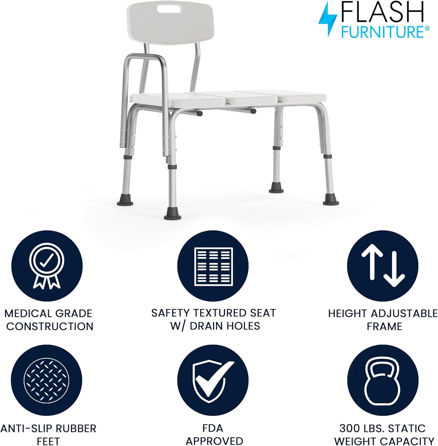 Flash Furniture HERCULES Series 300 Lb. Capacity Adjustable Bath & Shower Transfer Bench with Back and Side Arm