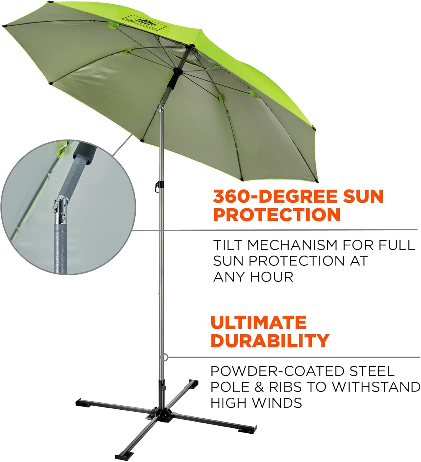 Ergodyne SHAX 6199 Lightweight Work Umbrella with Stand, Portable Sun Shade, Lime 7.5ft