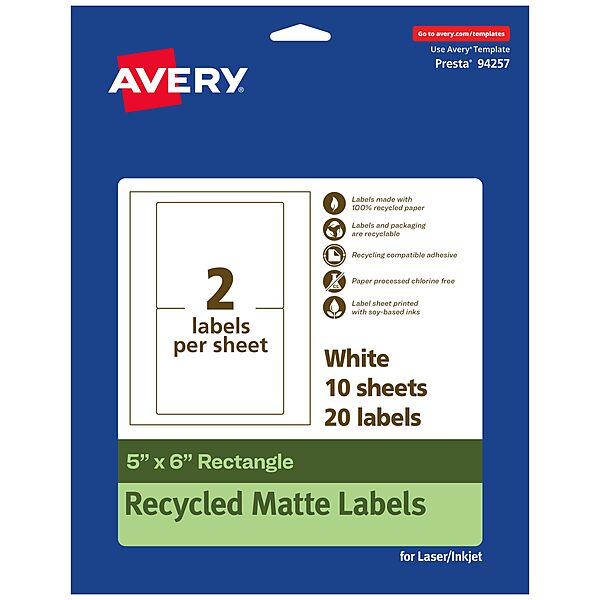 Avery EcoFriendly Matte White Recycled Rectangle Labels, 5" x 6", Permanent Adhesive, Laser/Inkjet Printable
