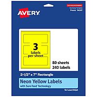 AVERY Printable Rectangle Labels, Sure Feed Technology, 2-1/2" x 7", Neon Yellow, Print-to-The-Edge, Laser/Inkjet