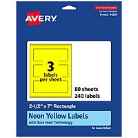 AVERY Printable Rectangle Labels, Sure Feed Technology, 2-1/2" x 7", Neon Yellow, Print-to-The-Edge, Laser/Inkjet