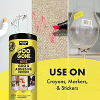 Goo Gone Clean Up Wipes Adhesive Remover - 24 Count - Removes Adhesive Residue Labels Stickers Crayon Tree Sap Gum Masking