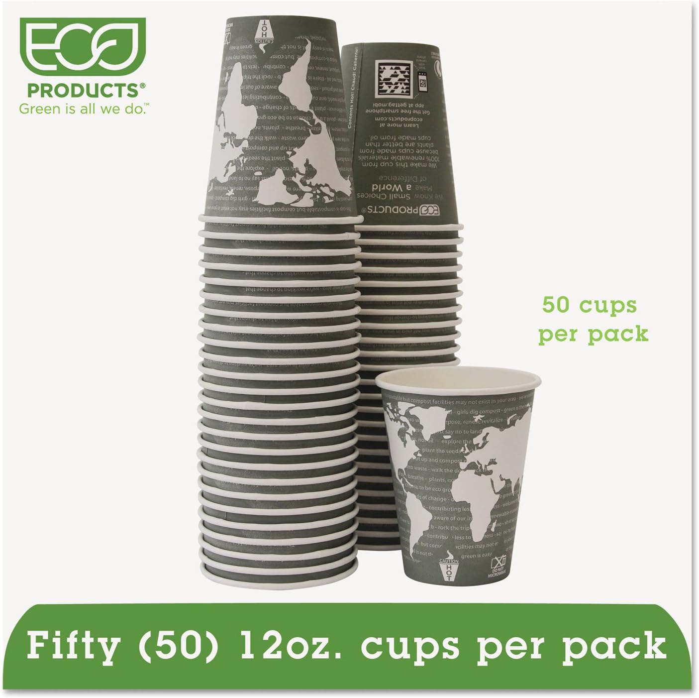 Eco-Products World Art Renewable/Compostable Hot Cups, 12 oz, Gray, 50/Pack