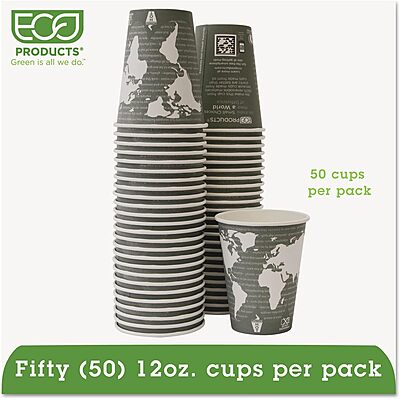 Eco-Products World Art Renewable/Compostable Hot Cups, 12 oz, Gray, 50/Pack